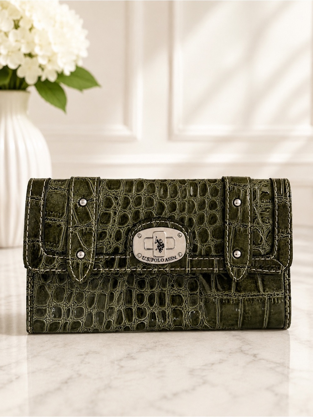 U.S. Polo Assn Olive Green Croc Embossed Lockdown Wallet Clutch NWT Y2K Style